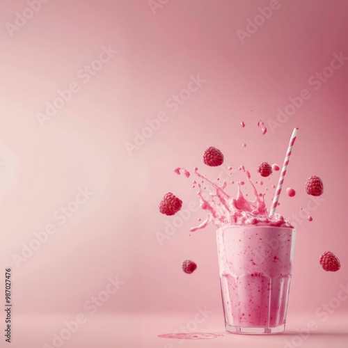 Glass of milk milkshake yoghurt smoothie with liquid droplet splash splashing swirl on pink background. Topping fruit raspberry, Text space photo