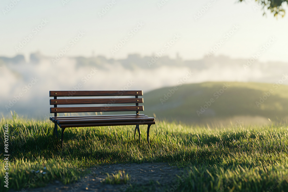empty wooden bench on a foggy hillside at sunrise empty wooden bench on a foggy hillside at sunrise
