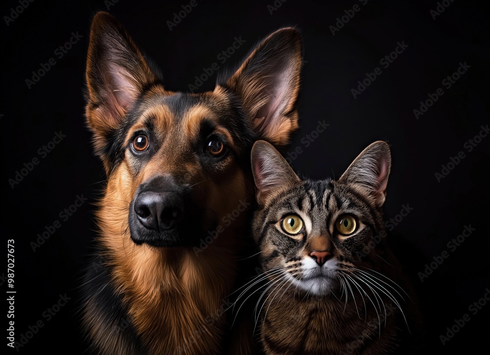 Cute dog and cat pose together for the camera on a dark background Cute dog and cat pose together for the camera on a dark background