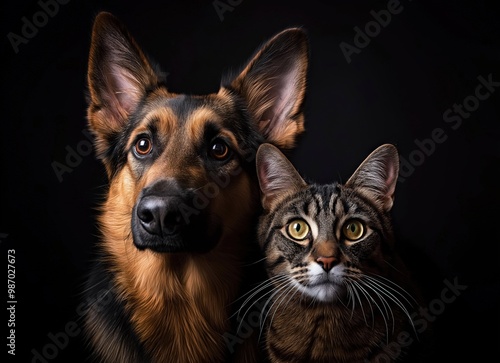 Cute dog and cat pose together for the camera on a dark background photo