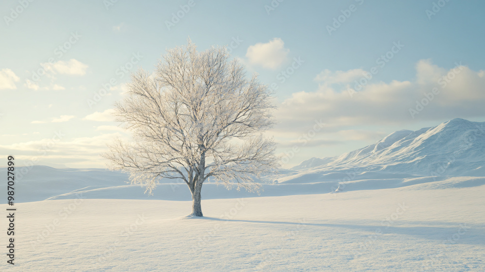 snowy landscape with single tree in winter wonderland - minimalist white landscape photography snowy landscape with single tree in winter wonderland - minimalist white landscape photography