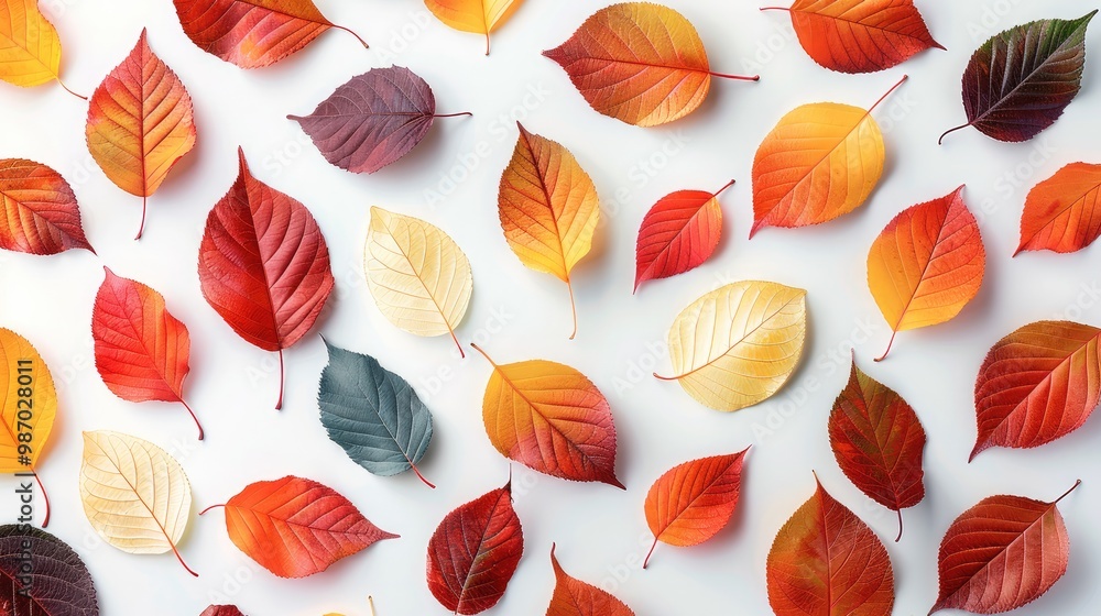 Multi color leaves in a random strewn pattern to celebrate autumn on a white background with no shadows under the leaves. Multi color leaves in a random strewn pattern to celebrate autumn on a white background with no shadows under the leaves.