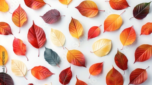 Multi color leaves in a random strewn pattern to celebrate autumn on a white background with no shadows under the leaves.