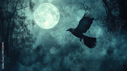 A black crow flying through smoke in a haunted forest, with the full moon casting an ominous glow.