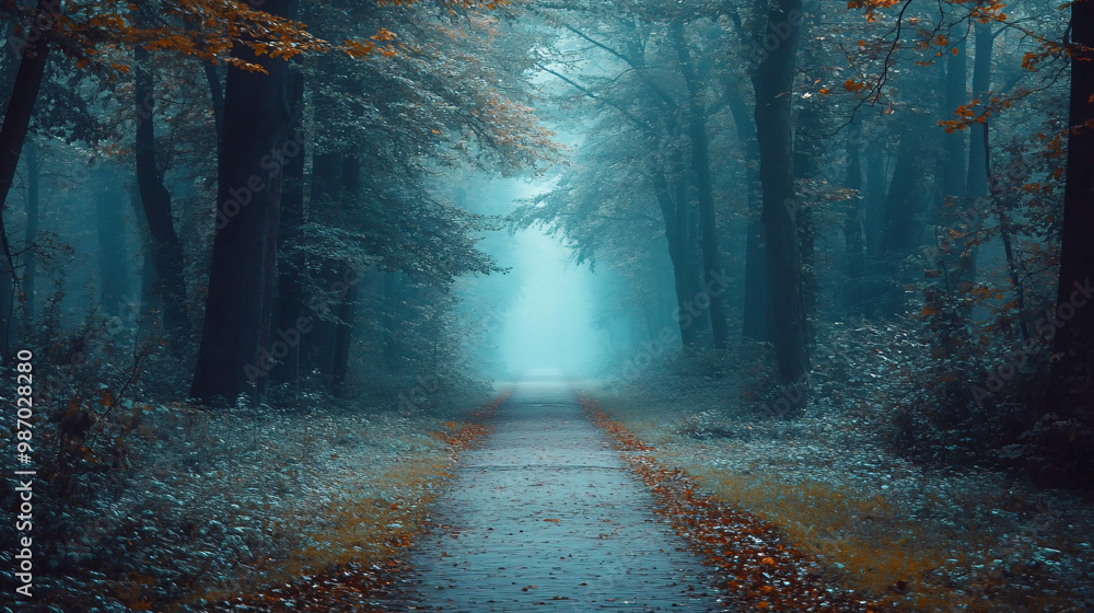 Naklejka premium mystical foggy forest path with blue tones and fallen leaves