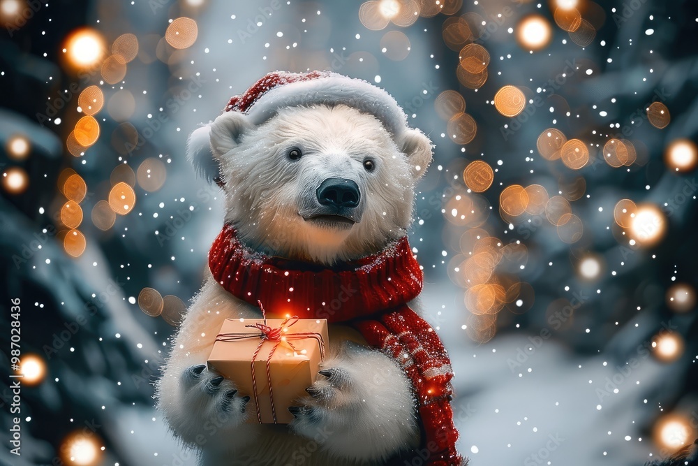 Winter forest path, Christmas trees adorned with blinking lights, close side shot of a very cute fluffy little polar bear wearing Christmas hat, holding gift in his paws. Winter forest path, Christmas trees adorned with blinking lights, close side shot of a very cute fluffy little polar bear wearing Christmas hat, holding gift in his paws.