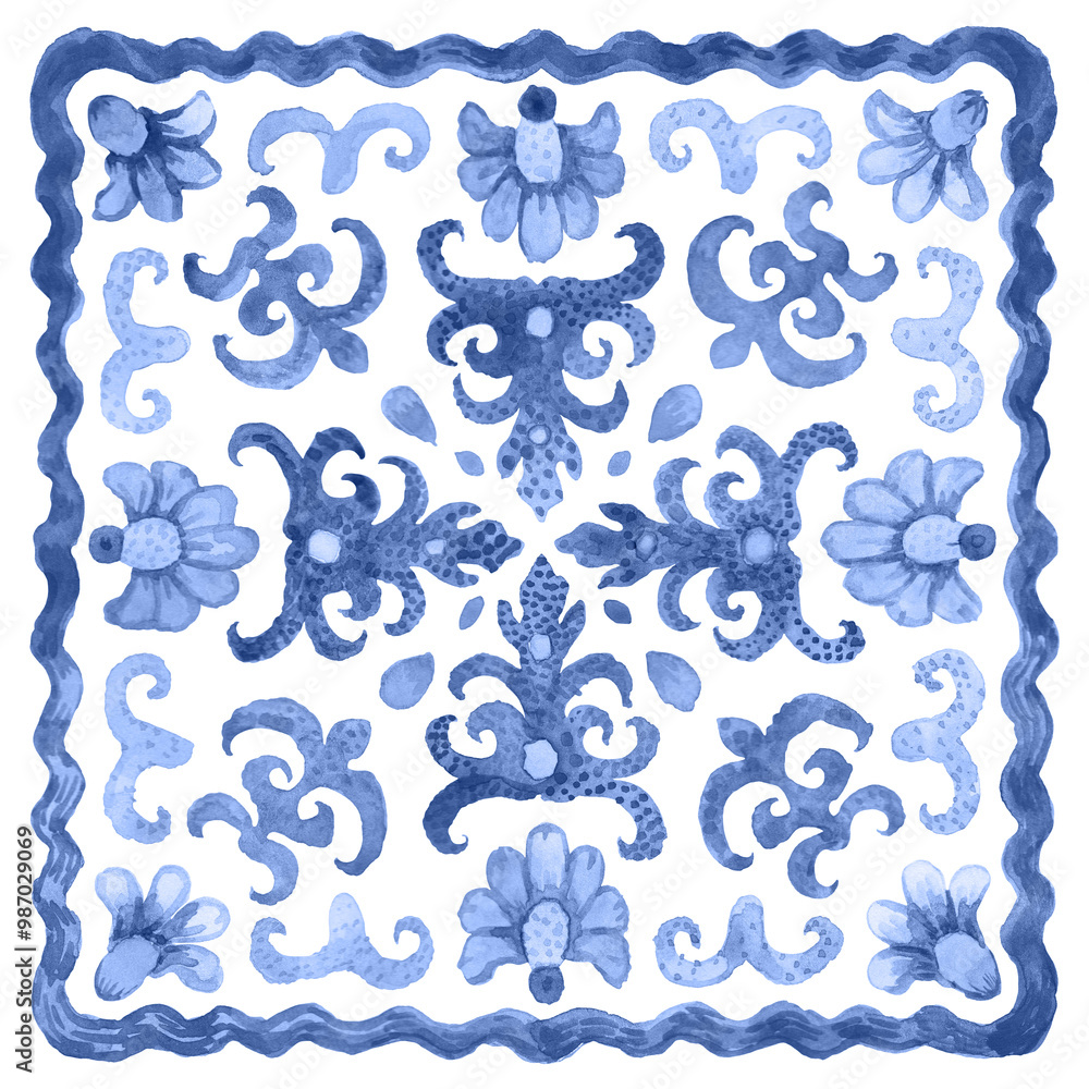Watercolor painted tile with hand drawn blue geometrical and floral ornaments, isolated on a white background Watercolor painted tile with hand drawn blue geometrical and floral ornaments, isolated on a white background