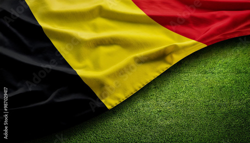 waving Belgium flag, on top of football field background, Belgium soccer team