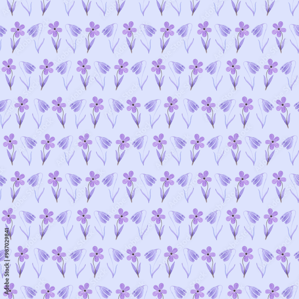 Hand drawn watercolor purple tulip and chamomile seamless pattern isolated on purple background. Can be used for textile, fabric, scrapbook and other printed products. Hand drawn watercolor purple tulip and chamomile seamless pattern isolated on purple background. Can be used for textile, fabric, scrapbook and other printed products.