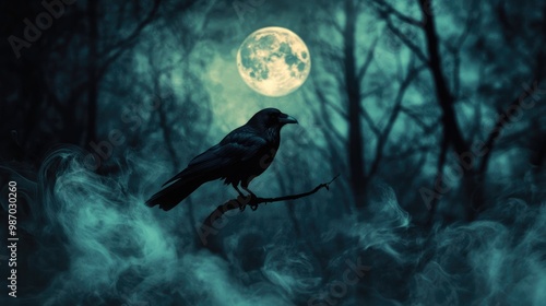 A crow silhouette appears through swirling smoke in a spooky forest, with the full moon shining above.