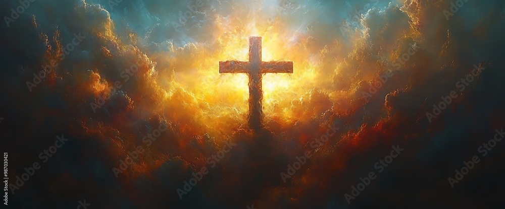 Fototapeta premium A majestic cross shines brightly through clouds, symbolizing hope and faith.