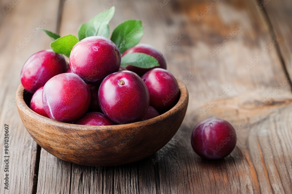 Garden plums in bowl on wooden table, ai Garden plums in bowl on wooden table, ai