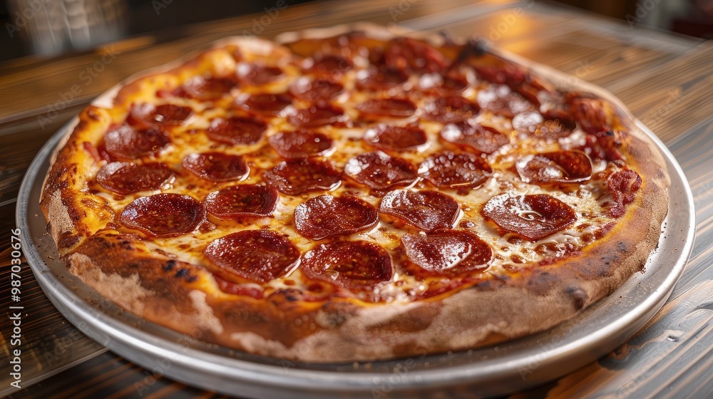 A pepperoni pizza on a white round plate. A pepperoni pizza on a white round plate.