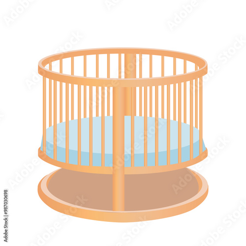Round wooden baby cot in flat design. Cute crib with blue mattress. Vector illustration isolated.