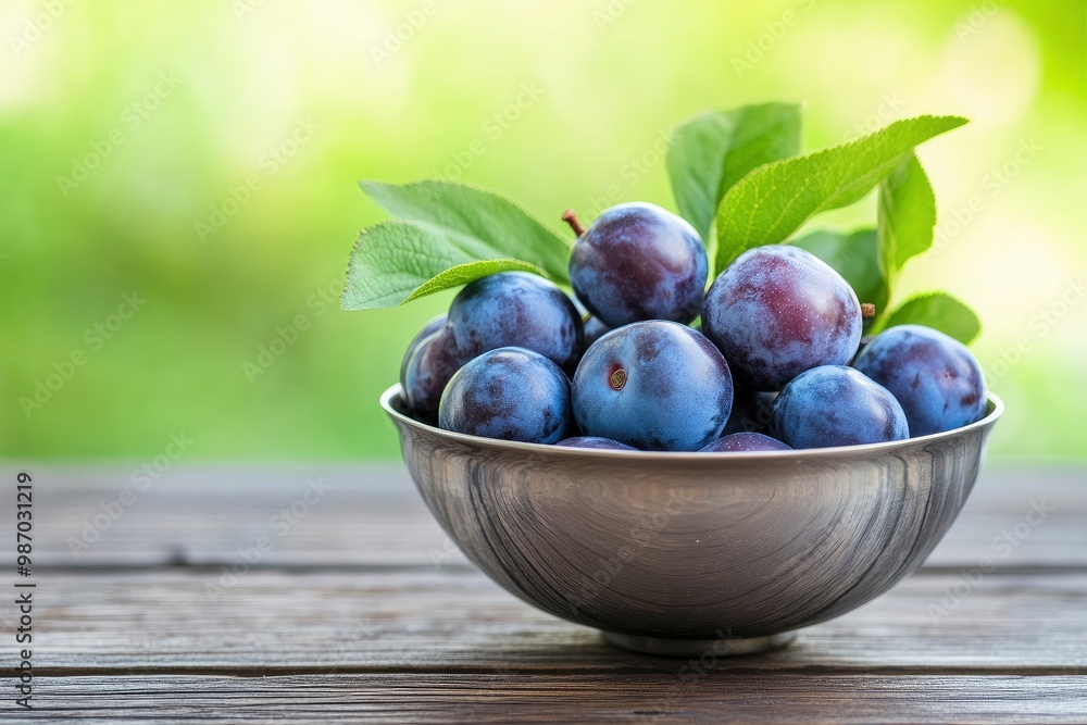 Garden plums in bowl on wooden table , ai Garden plums in bowl on wooden table , ai