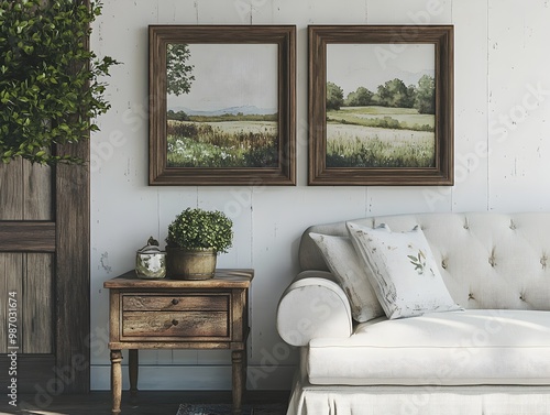 Rustic Farmhouse Living Space with Natural Wood Accents and Linen Upholstery Antique Side Table and Landscape Diptych in Matching Frames Showcasing Nature Inspired Hues and 3D Rendering photo