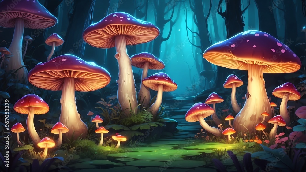 Fototapeta premium Mysterious Glowing Mushrooms Cartoon Background Design