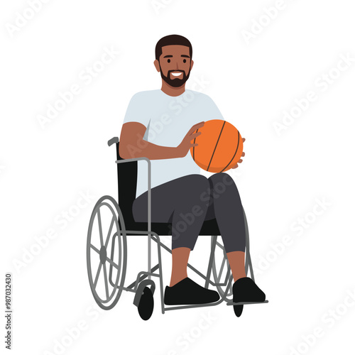 Young bearded man Athlete playing basketball sitting in wheelchair. Flat vector illustration isolated on white background