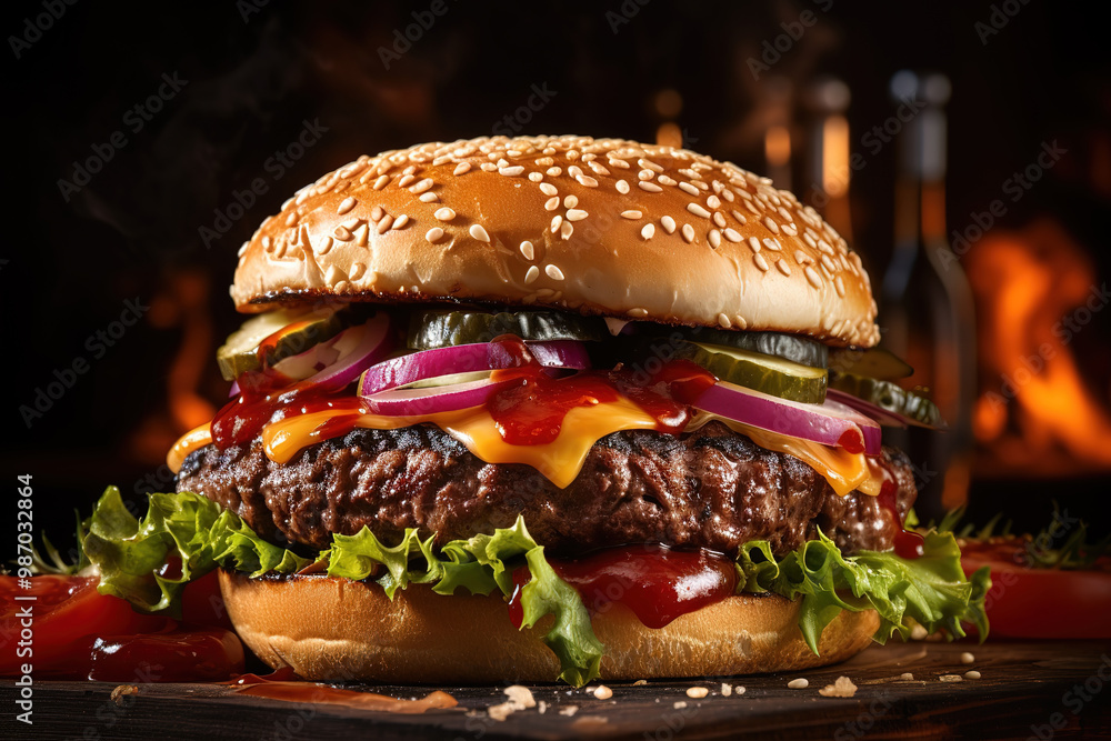 Eye catching Classic burger on table and dark background Eye catching Classic burger on table and dark background