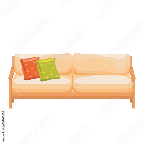 Outdoor sofa with pillow in flat design. Wooden couch for backyard rest. Vector illustration isolated.