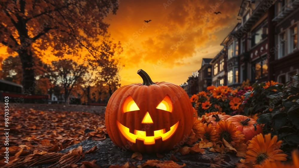 Glowing jack o' lantern in a pumpkin patch at sunset, casting an eerie light. Perfect for halloween, adding a spooky touch to any project Glowing jack o' lantern in a pumpkin patch at sunset, casting an eerie light. Perfect for halloween, adding a spooky touch to any project