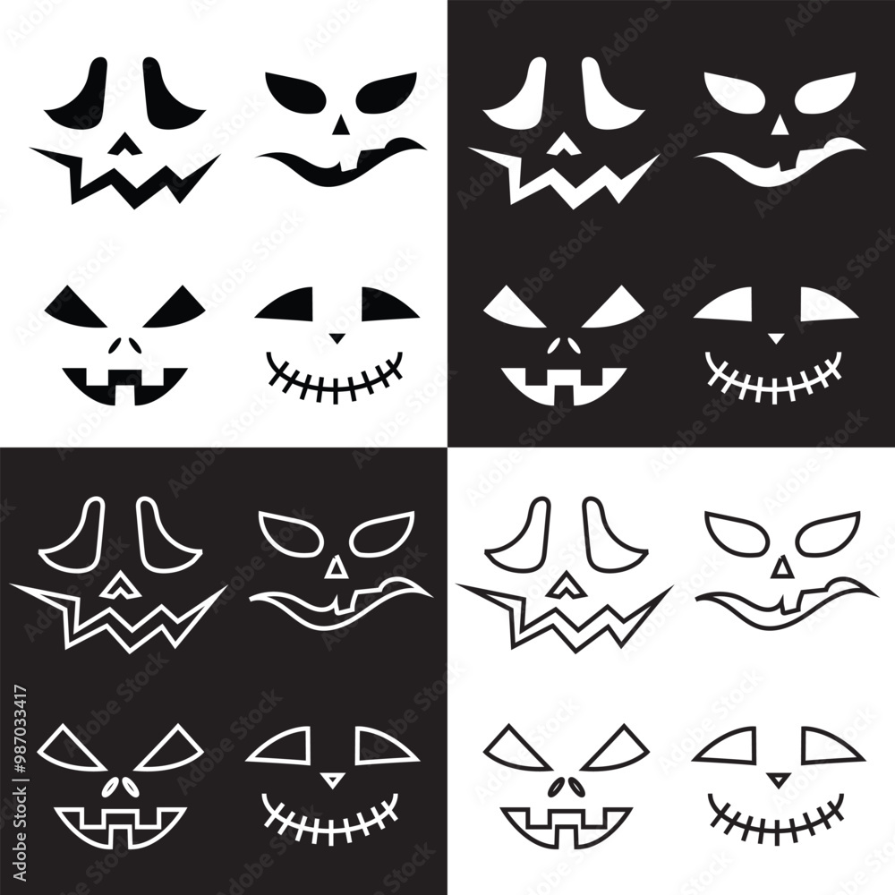 Set of Halloween scary pumpkins cut. Spooky creepy pumpkins cut. isolated on white and black background, Vector illustration . EPS 10 Set of Halloween scary pumpkins cut. Spooky creepy pumpkins cut. isolated on white and black background, Vector illustration . EPS 10