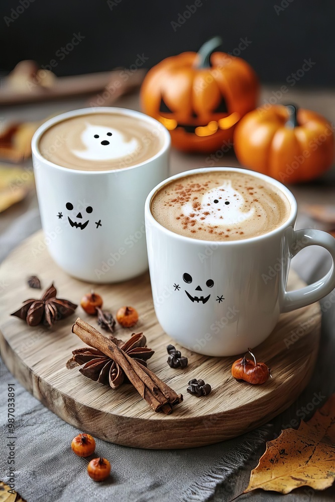 Pumpkin spice latte art, ghost shape foam, Halloween theme, cozy cafe, watercolor style Pumpkin spice latte art, ghost shape foam, Halloween theme, cozy cafe, watercolor style