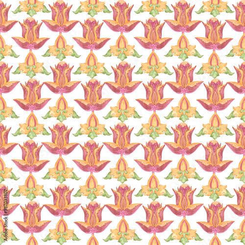 Hand drawn watercolor Russian traditional floral ornament seamless pattern isolated on white background. Illustration can be used for textile, fabric, scrapbook and other printed products.