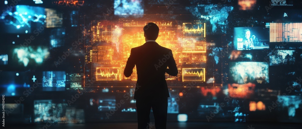 A solitary figure in a suit examines an array of colorful data screens, immersed in a futuristic digital environment filled with vibrant information. A solitary figure in a suit examines an array of colorful data screens, immersed in a futuristic digital environment filled with vibrant information.