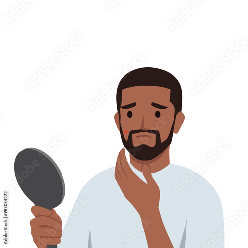 Young bearded man with acne problem looking in mirror. Flat vector illustration isolated on white background