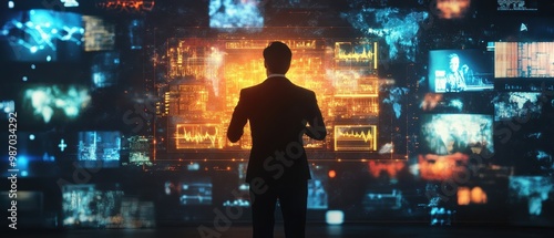 Wallpaper Mural A solitary figure in a suit examines an array of colorful data screens, immersed in a futuristic digital environment filled with vibrant information. Torontodigital.ca