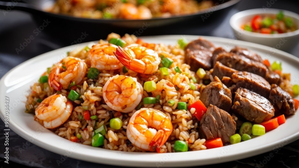 Fried rice with shrimp and steak on a plate. Fried rice with shrimp and steak on a plate.