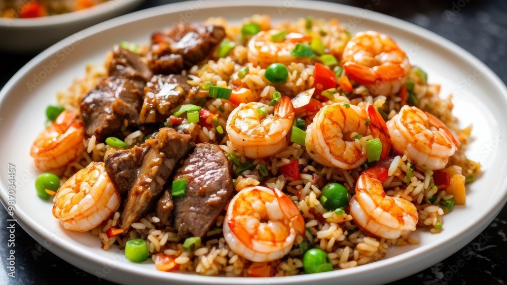 Fried rice with shrimp and steak on a plate. Fried rice with shrimp and steak on a plate.