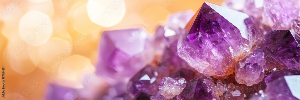 A tabletop displays a group of purple crystals, resting atop a white and orange surface Background is indistinct A tabletop displays a group of purple crystals, resting atop a white and orange surface Background is indistinct