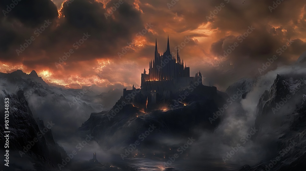 An ominous, dark castle sits atop a mountain, shrouded in fog and storm clouds, with a fiery sunset behind it. An ominous, dark castle sits atop a mountain, shrouded in fog and storm clouds, with a fiery sunset behind it.