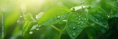  A tight shot of a green leafy plant, adorned with water droplets, beneath the radiant sun