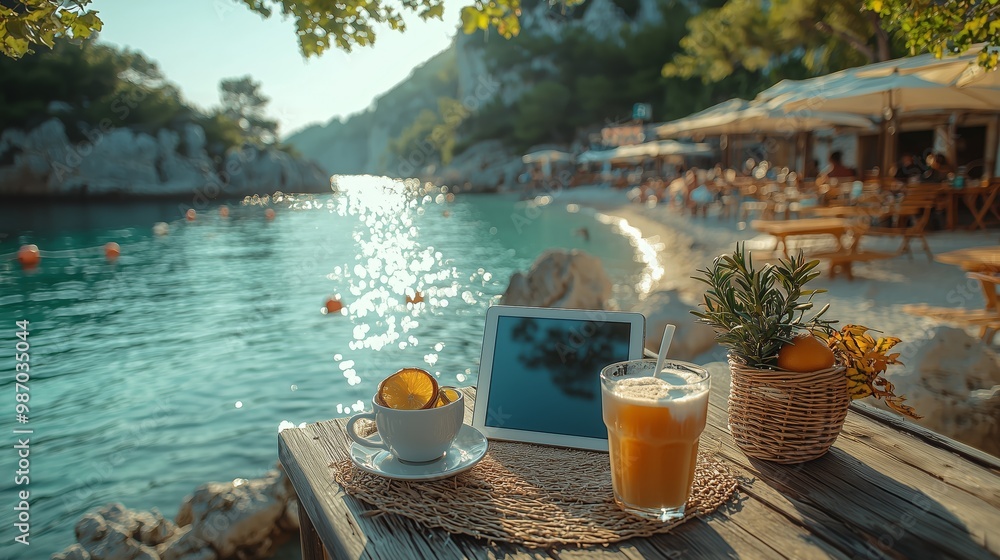 Obraz premium Organizing Tasks as a Digital Nomad by the Water