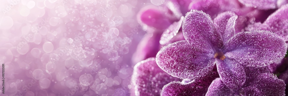 A tight shot of a purple flower with dewdrops and backdrop of twinkling lights A tight shot of a purple flower with dewdrops and backdrop of twinkling lights