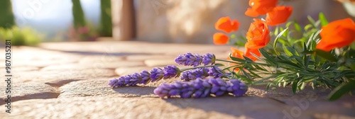  A stone floor holds a collection of purple and orange flowers adjacent to an orange and purple flower bush