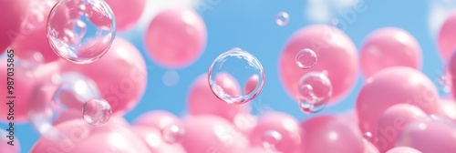 Obraz na płótnie A scene of soap bubbles drifting in the blue sky, with select pink bubbles in the foreground w salonie