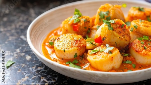 Scallops with spicy coconut curry on a plate.