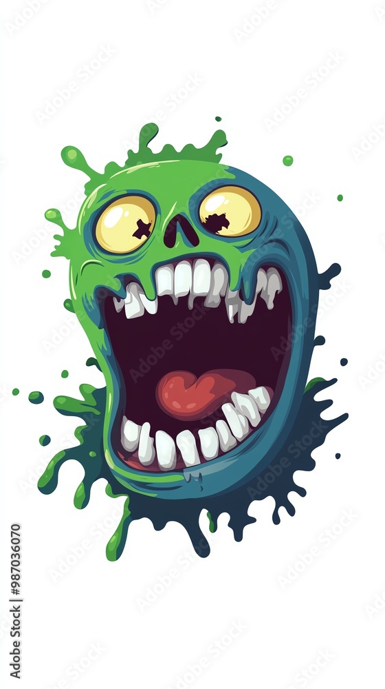 A smiling zombie, cartoonish design, flat , vibrant green and blue, isolated on white background A smiling zombie, cartoonish design, flat , vibrant green and blue, isolated on white background