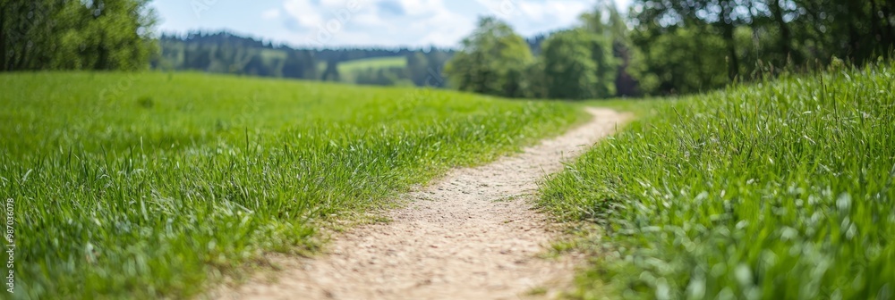 Obraz premium A dirt path, bordered by trees, weaves through a sprawling grassy field; above, a vast, blue sky stretches