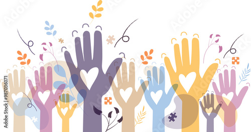 Raised hands. Volunteering, teamwork concert.
