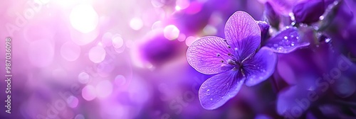  A tight shot of a purple flower, dewdrops glistening on its petals, and a softly blurred light source in the background