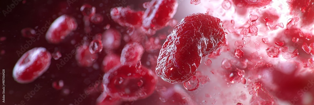 A tight shot of red blood cells and water droplets on a blood vessel's surface A tight shot of red blood cells and water droplets on a blood vessel's surface