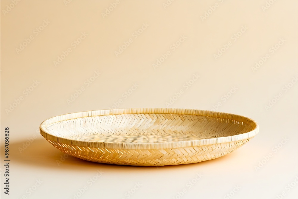 A round woven basket on a beige background A round woven basket on a beige background
