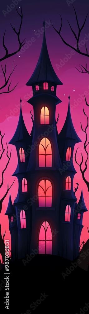A spooky mansion with glowing windows, flat , playful and vibrant, isolated on white background A spooky mansion with glowing windows, flat , playful and vibrant, isolated on white background