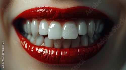 A female mouth, red lipstick, many sharp teeth.