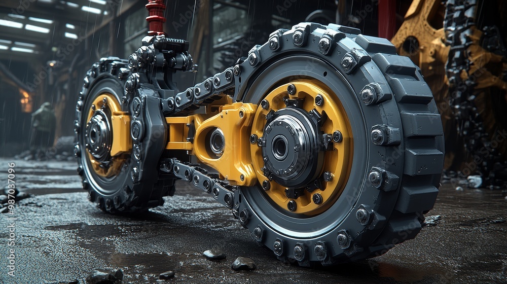 A close-up of an industrial machine track, showcasing its rugged design and robust structure in a warehouse environment. A close-up of an industrial machine track, showcasing its rugged design and robust structure in a warehouse environment.